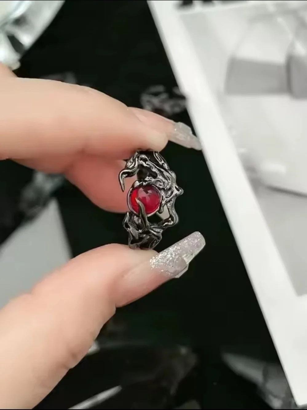 Gothic Silver Ring with Red Gemstone